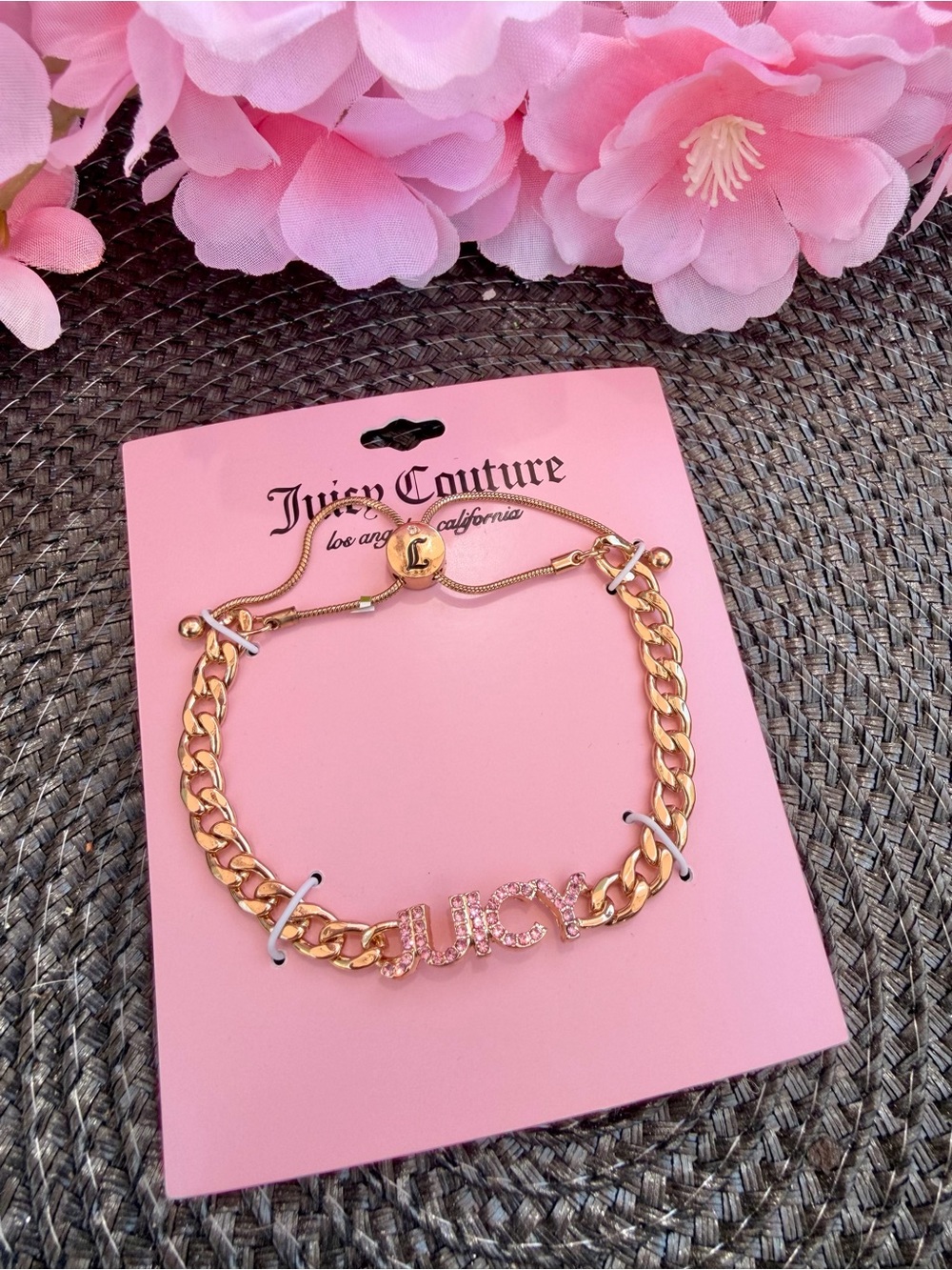 Juicy Couture Rose Gold Logo Chain Bracelet with Crystal JOY Detail